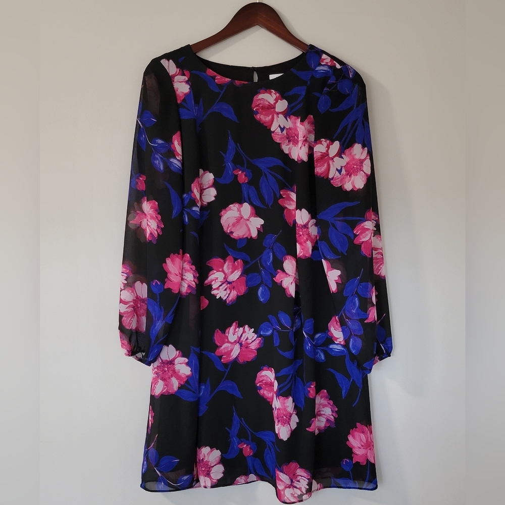 Nine West Floral Long Sleeve Chiffon Shift Dress. Size 4